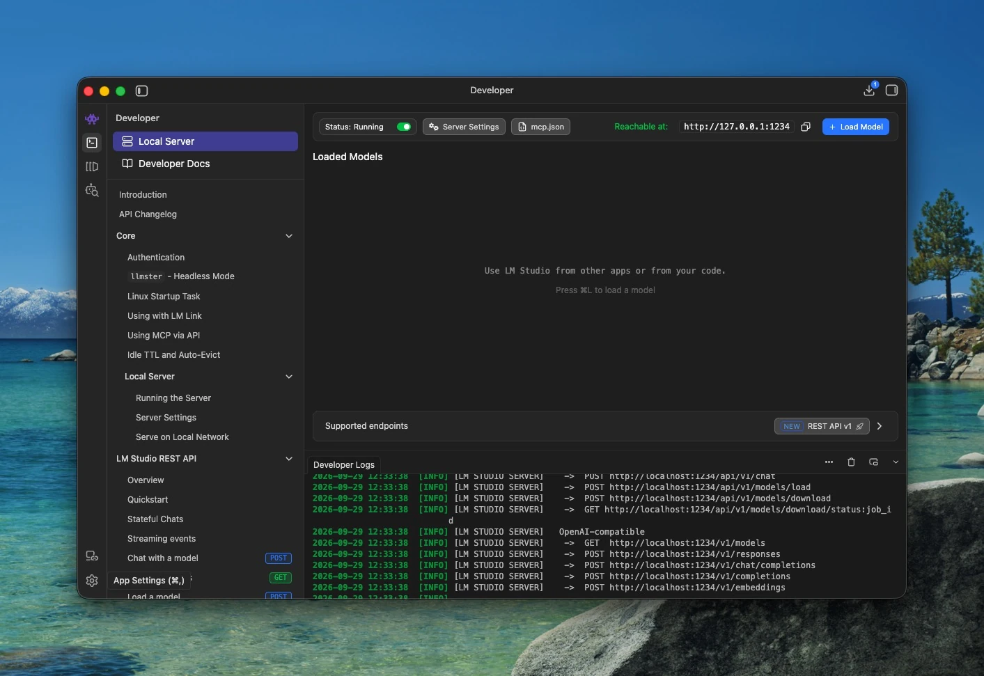 LM Studio Local Server screen with Running status and the server URL.